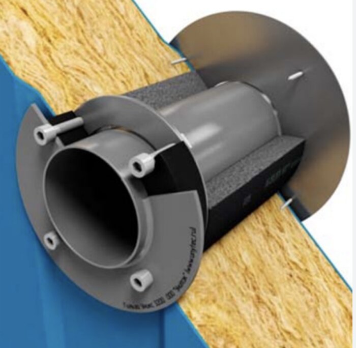 Bild av ett genomgående rör i en vägg, isolerat med grå material och med monterade metallringar för stöd och stabilisering.