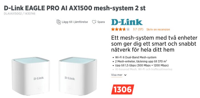 D-Link EAGLE PRO AI AX1500 mesh-system med två enheter för hemnätverk, Wi-Fi 6, täckning 370 m², hastighet upp till 1,5 Gbps.