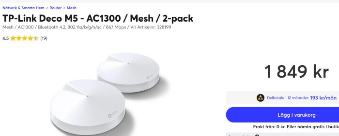 Bild av TP-Link Deco M5 AC1300 mesh router 2-pack med en prisetikett på 1849 kr och betyg 4,5 av 19 recensioner.