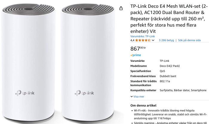 Två vita TP-Link Deco E4 Mesh WLAN-enheter med produktbeskrivning och pris från en webbutik.