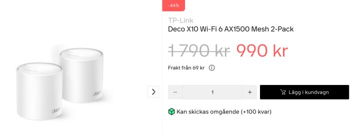 Två vita TP-Link Deco X10 Wi-Fi 6 AX1500 mesh-routrar, nedsatta från 1790 till 990 kr.