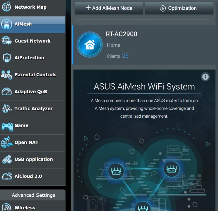 ASUS AiMesh WiFi-systemskärm med routerinställningar, diagram av nätverkstäckning och en lista över funktioner som nätverkskarta och föräldrakontroll.