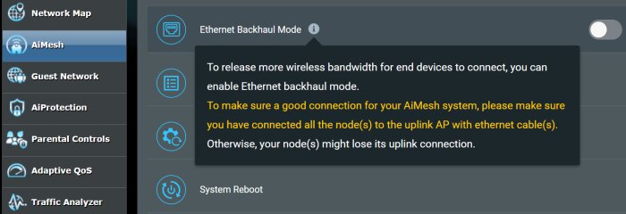 AiMesh-inställning med Ethernet Backhaul Mode för att optimera trådlös bandbredd, med varning om att noder kräver kabelanslutning för stabil uppkoppling.