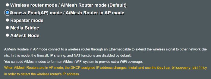 Routerinställningar med val av olika lägen: Wireless Router, Access Point, Repeater, Media Bridge, AiMesh Node. Information om AP-läget visas.