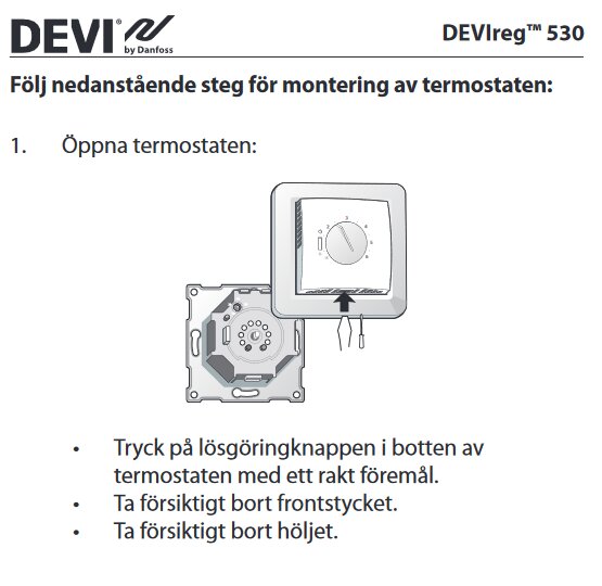 Instruktion för att öppna en DEVIreg 530 termostat, som visar lossning av frontstycket.