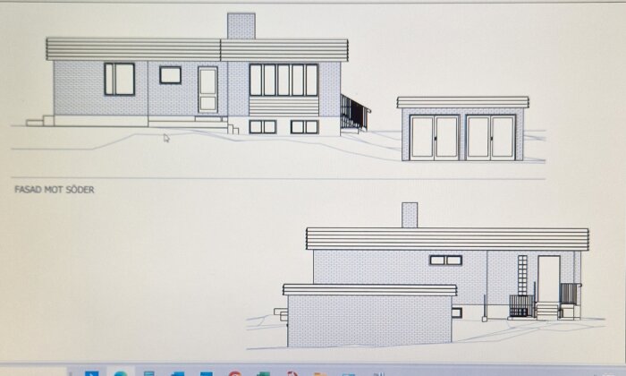 Arkitektritning av ett hus med pulpettak; visar fasaden mot söder, inklusive fönster, dörrar och eventuella entréer.