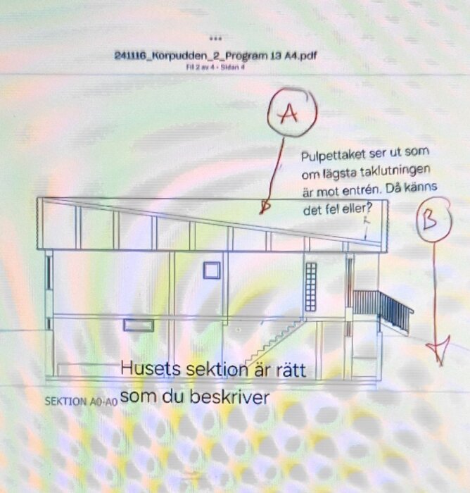 Byggnadsritning av hus med pulpettak, inkluderar handskrivna anteckningar om taklutning mot entrén, markerad med bokstäverna A och B.