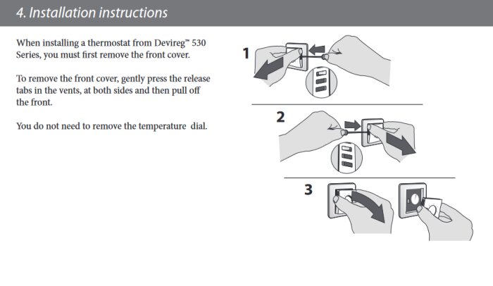 Instruktioner för att ta bort fronten på en Devireg 530-termostat, inklusive att trycka på flikar och dra av fronten.