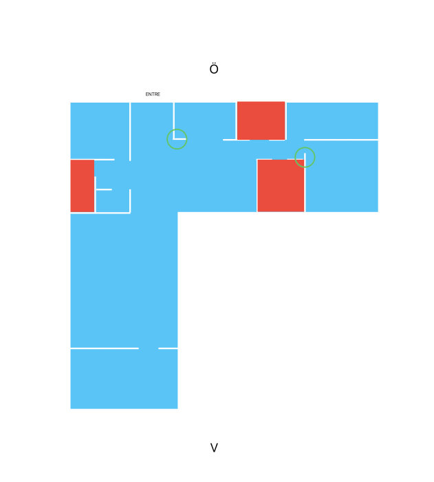 Planritning av ett hus i L-form med områden markerade som blå (golv som ska läggas) och röd (golv som inte ska läggas), samt gröna cirklar för framtida väggändringar.