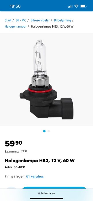 Halogenlampa HB3, 12 V, 60 W från Biltema, artikelnummer 35-4831, med priset 59,90 kr.