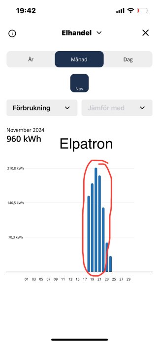 Diagram över elpatronens förbrukning i november 2024, visande staplar för daglig elförbrukning med en cirkel markerad runt den högsta förbrukningen.