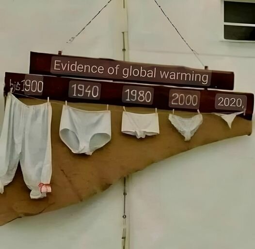 Klädesplagg på en tvättlina visar minskande storlekar över tid, med årtal från 1900 till 2020, och skylten "Evidence of global warming".