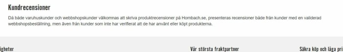 Skärmbild från Hornbachs kundrecensioner där det står att både varuhus- och webbshopskunder kan skriva recensioner, men vissa recensioner är inte verifierade.