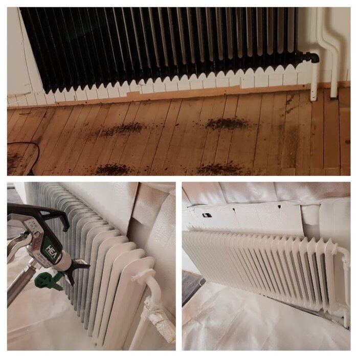 Radiator innan och efter målning med Wagner Control Pro 250M. Före-bilden visar rost. Målningen visas med sprutpistol och skyddsplast.