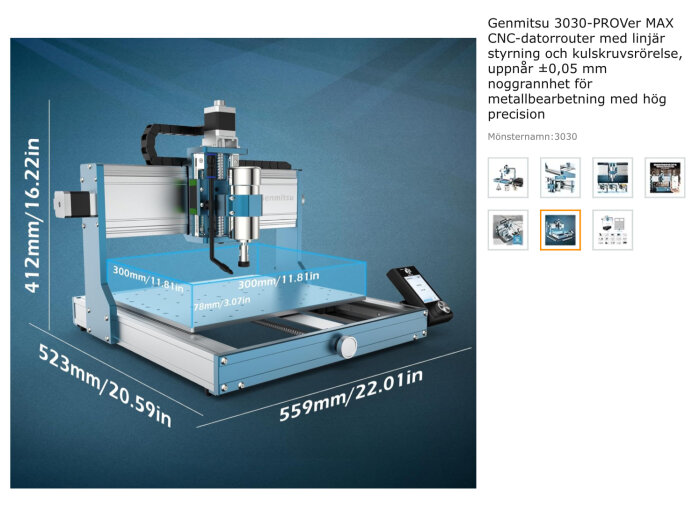 CNC-datorrouter Genmitsu 3030-PROVer MAX med linjär styrning och kulskruvrörelse, specifikationer och dimensioner visas.