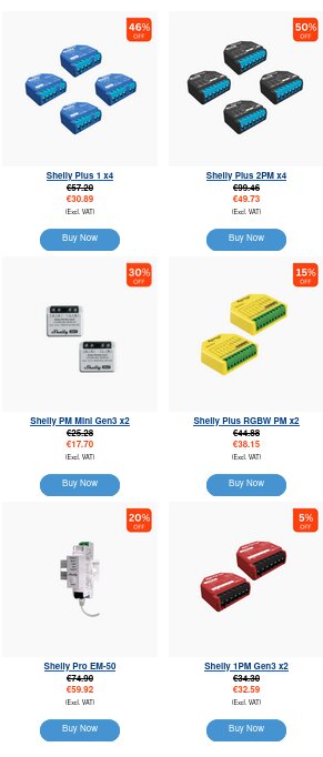 Shelly produkter med rabatt mellan 5% och 50%, inklusive Shelly Plus 1, Shelly Pro EM-50, och Shelly 1PM Gen3. Rabattpriser och knappar för köp visar.