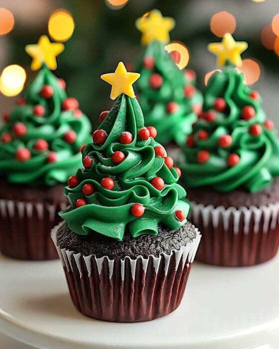 Chokladmuffins dekorerade som julgranar med grön frosting, röda strösselkulor och en gul stjärna på toppen.