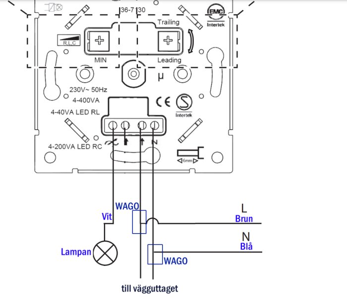 Kopplingsschema för dimmerinstallation med blå och bruna kablar. Kablar går till dimmerns N och L via Wago 221-413 kopplingsklämmor.