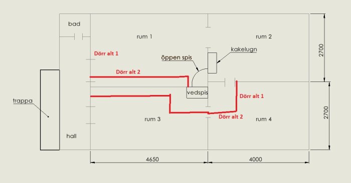 Planritning som visar olika korridorlösningar runt en vedspis inne i byggprojekt, med dörralternativ markerade.