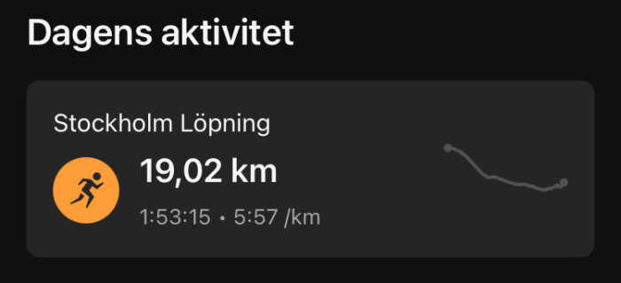 Dagens aktivitet visar löpning i Stockholm, 19,02 km, tid 1:53:15, snittfart 5:57/km.