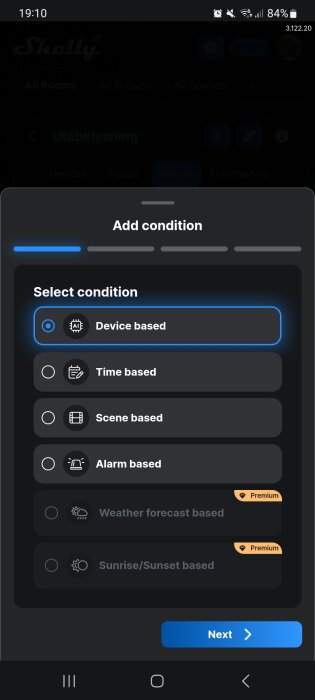 Skärmbild från en app där användaren kan välja villkor för automatisering, med alternativ som "Device based" och "Time based".