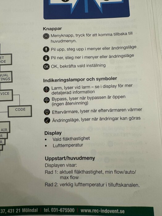 Bild av en instruktionsmanual som förklarar knappar och indikatorlampor för ett ventilationssystem, inklusive funktionerna för bypass och eftervärmare.