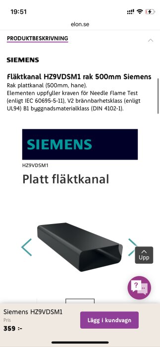 Platt fläktkanal från Siemens, modell HZ9VDSM1, 500mm lång, visas på elon.se med priset 359 kr och köpknapp.