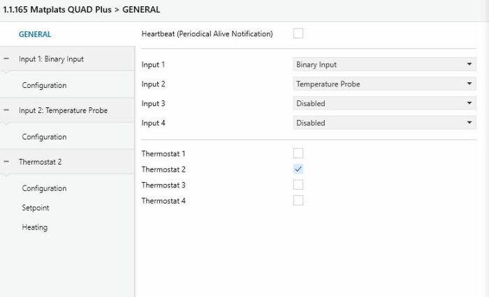 Skärmbild av Matplats QUAD Plus inställningar med binär ingång, temperaturprob och thermostatkonfiguration.