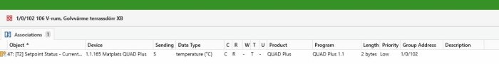 Skärmbild av matplats QUAD Plus med inställningar för golvvärme vid terrassdörr: temperatur, 2 byte, gruppadress 1/0/102, låg prioritet.