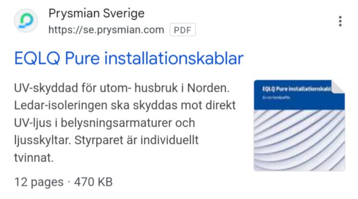 Annonstext för EQLQ Pure installationskablar från Prysmian Sverige, betonar UV-skydd.