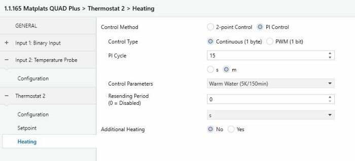 Skärmbild av ETS-programmering för termostatinställningar, visar kontrollmetod och parametrar som "Warm Water" för golvvärmesystemet.