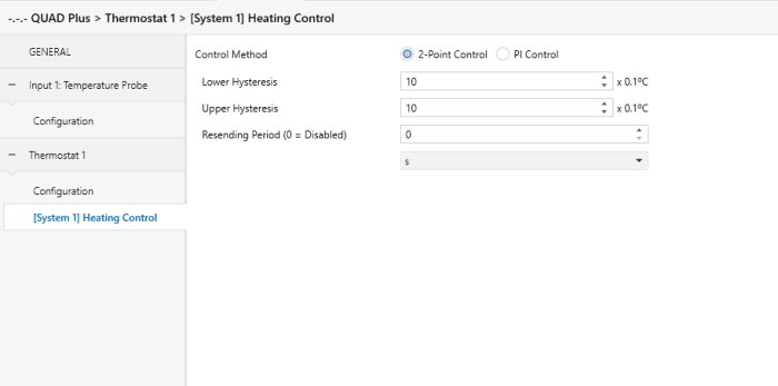 Inställningsfönster för termostat med alternativ för 2-point kontroll och PI-kontroll. Visar parameterinställningar som hysteresis och resend period.