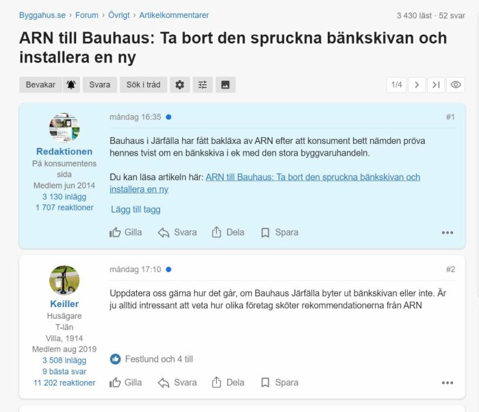 Skärmbild av diskussionstråd på Byggahus.se om konsuments tvist med Bauhaus angående en sprucken bänkskiva, med kommentarer från användare.