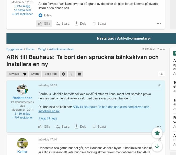 Diskussionstråd på forum om en byggtvist med Bauhaus och en sprucken bänkskiva, med inlägg och kommentarer från användare.