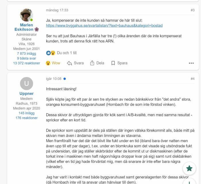 Skärmbild av en diskussionstråd i ett byggforum med två användares inlägg om garantier och problem med bänkskivor från olika byggvaruhus.