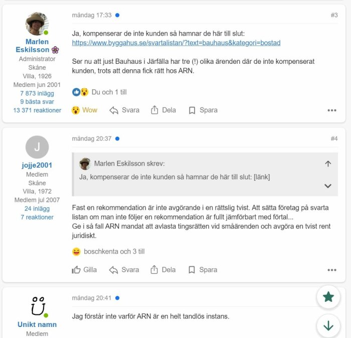 Diskussionstråd om Bauhaus och ARN, med kommentarer från användare kring kompensation och rättsliga frågor, med användarnamn och reaktioner.