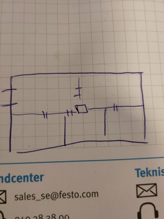 Skiss på rutat papper av en planlösning med flera rum och korridorer, föreslår ombyggnad till tre barnrum och föräldrarrum. Ej skalenlig.