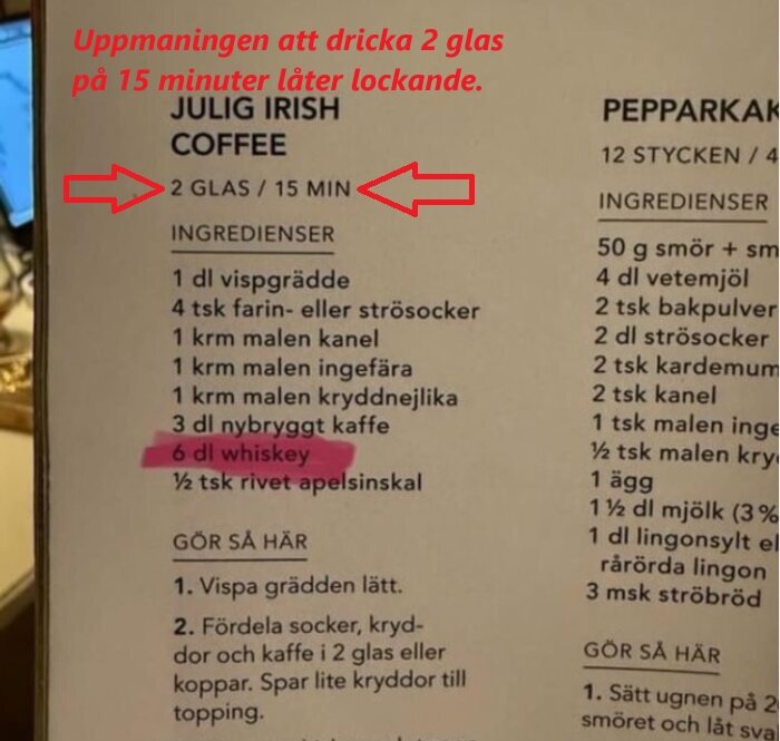 Recept på Julig Irish Coffee med ingredienser som vispgrädde, socker, kaffe och 6 dl whiskey, samt instruktioner för att blanda drycken.