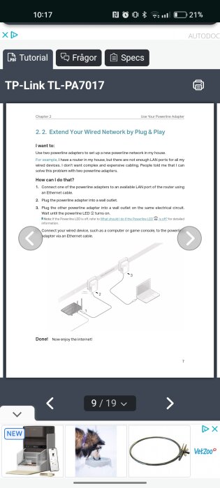 Diagram av TP-Link TL-PA7017 installation; visar hur två powerline-adaptrar kopplas till routern och ett uttag för att förlänga nätverket.