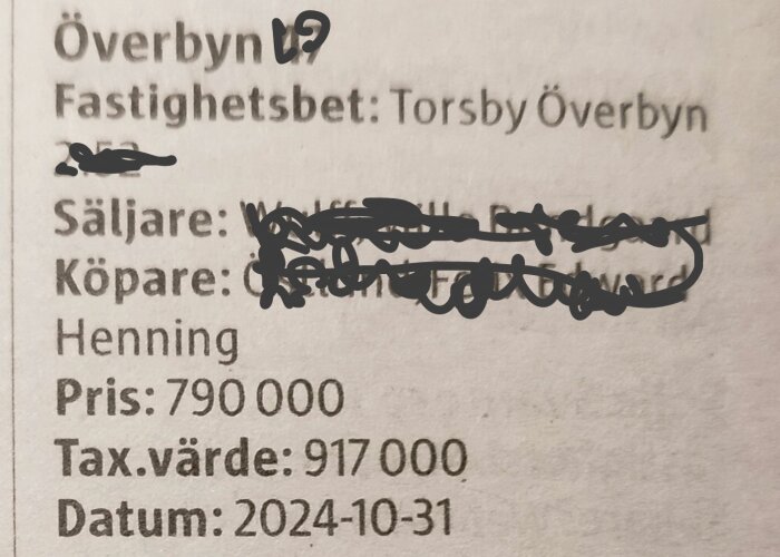 Fastighetsnotering med överstrukna uppgifter, visar Torsby Överbyn, pris 790 000, tax.värde 917 000, datum 2024-10-31.