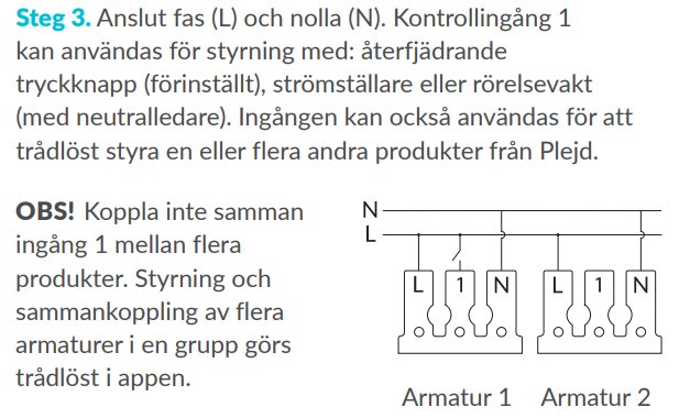 Anslutningsinstruktion för Plejd-puck, visar steg 3 där fas (L) och nolla (N) kopplas till två armaturer. Warning: koppla ej ingång 1 mellan flera produkter.