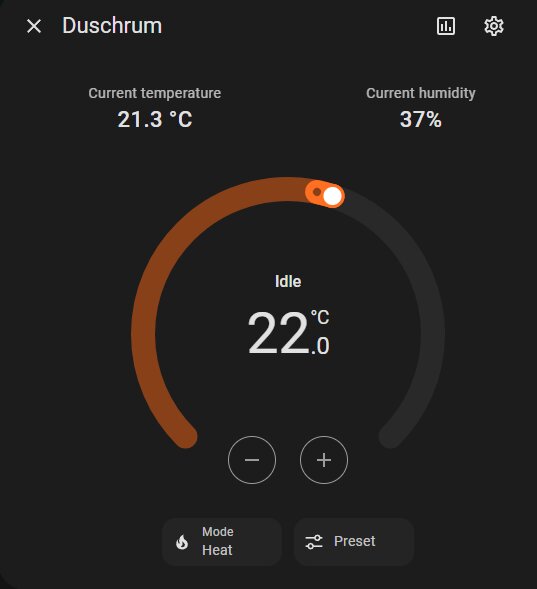 Temperatur- och fuktighetskontroll i duschrummet, visar nuvarande temperatur 21,3°C, inställd temperatur 22°C och luftfuktighet 37%.