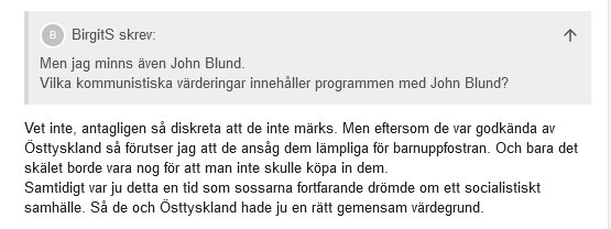 Dialogdiskussion på ett forum där användare diskuterar John Blund och kommunistiska värderingar.