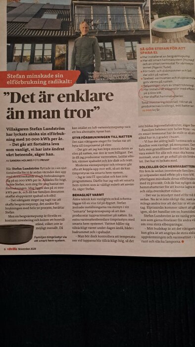 Tidningsartikel som berättar om hur Stefan minskat sin elförbrukning med solceller och smart teknik i sitt hem, med bild på Stefan framför huset.