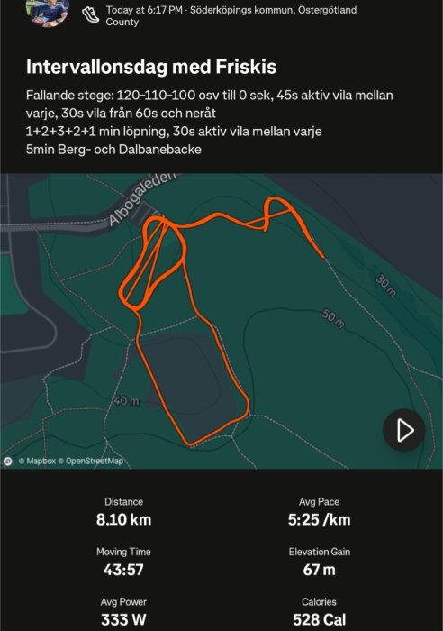 Karta över löprunda på 8,10 km i Söderköping, med intervallinformation och detaljer som medelhastighet 5:25/km och höjdförändring 67 m.