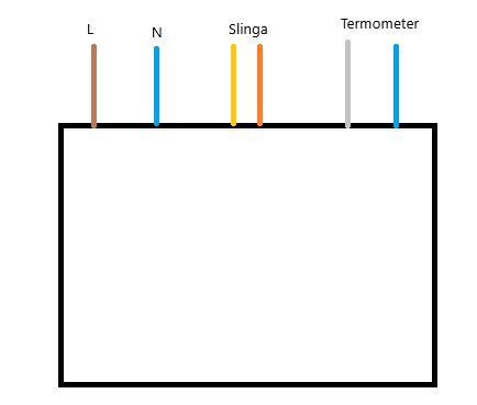 Enkel diagram för termostatinkoppling: visar L, N, slinga och termometeranslutningar med färgkodade linjer i rektangel.