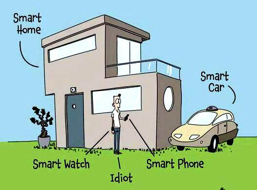 Tecknad bild av ett hus märkt "Smart Home", en bil märkt "Smart Car", en man med "Smart Watch" och telefon, märkt "Idiot", vilket skapar humor.