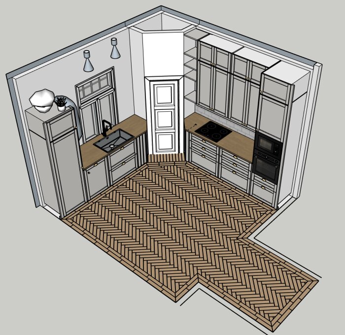 3D-ritning av köksdesign med inbyggda skåp, vask, spis, och fiskbensparkettgolv, visar placering av köksstommar och golvets riktning.