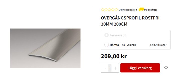 Övergångsprofil i rostfritt stål, 30 mm bred och 200 cm lång, visas på en produktbild online med pris.