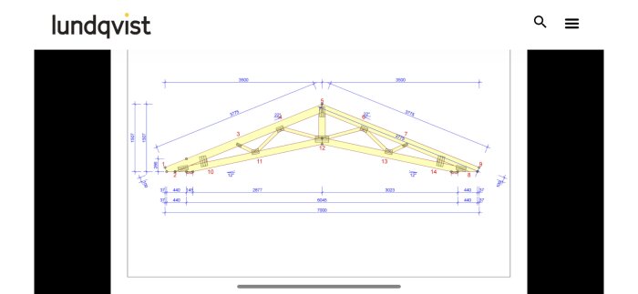 Ritning av ett ryggåstak med 22 graders lutning, visar dimensioner och konstruktionselement i ett husprojekt.